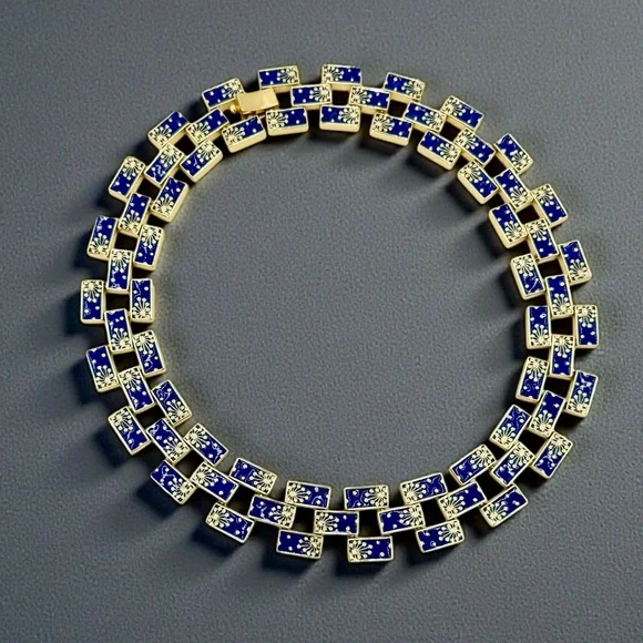Rare Lulu Frost Signed Blue Enamel Gold Statement Necklace 17” Excellent Cond. - Picture 13 of 17